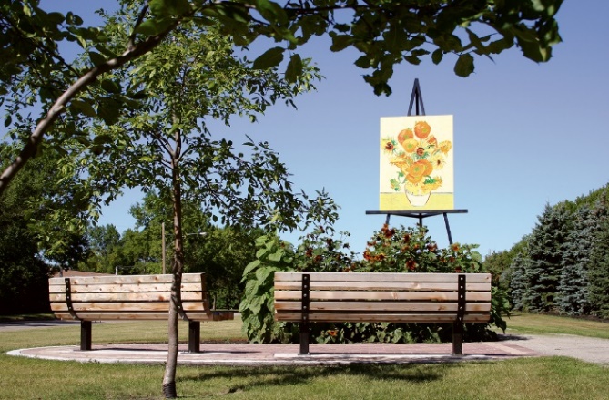 A group of benches in a park AI-generated content may be incorrect